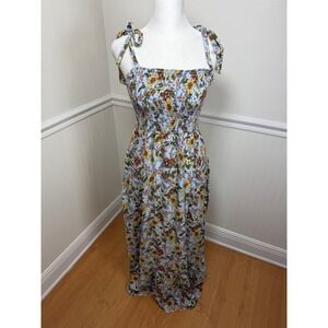 No Comment Floral Maxi Dress Kids XL Light Blue Smocked Tie Shoulder Boho